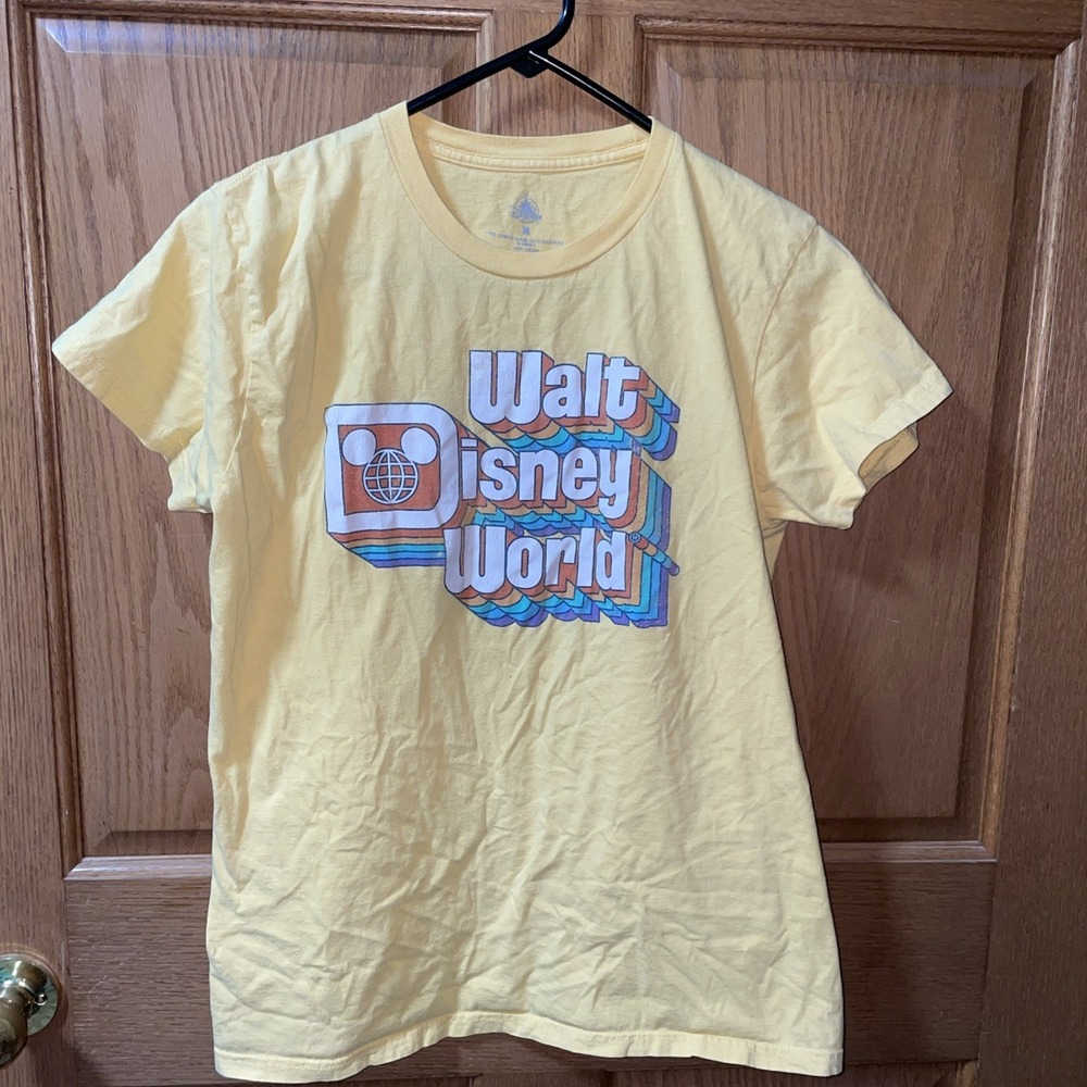 Disney Parks Walt Disney World Retro Rainbow Logo Mickey Yellow Cotton T-Shirt M